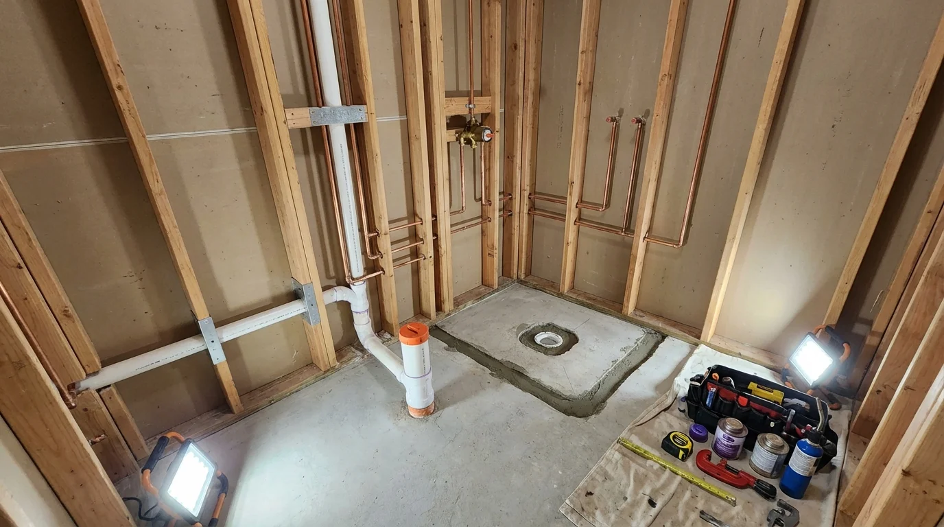 Bathroom rough-in plumbing during remodel by Johns Plumbing LLC in Norwell