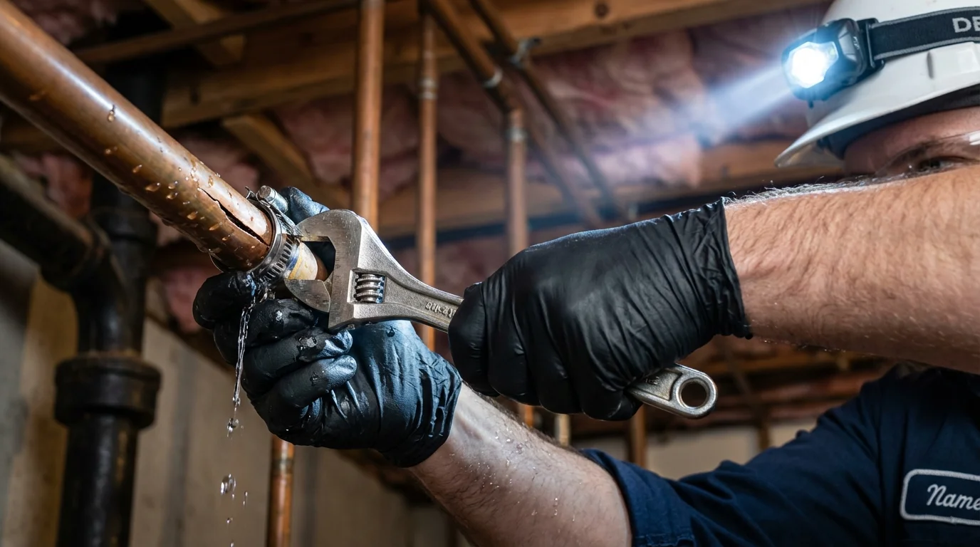 Emergency pipe clamp repair being performed by a Johns Plumbing LLC plumber in Norwell