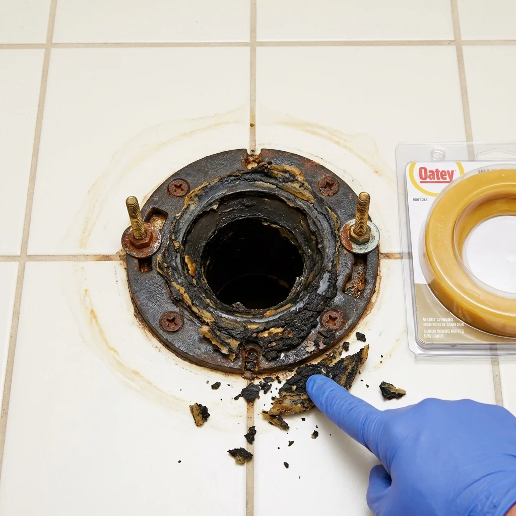 Failed wax ring showing water seepage at the base of a toilet in a Norwell, MA home